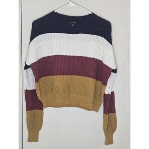 Ambiance Apparel Womens Striped Cropped Sweater Navy Blue White Burgundy M